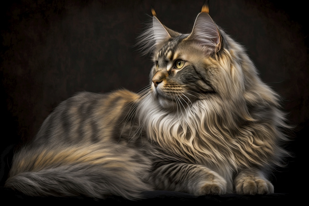 Generative AI illustration of studio portrait style image of Maine Coon pedigree domestic cat