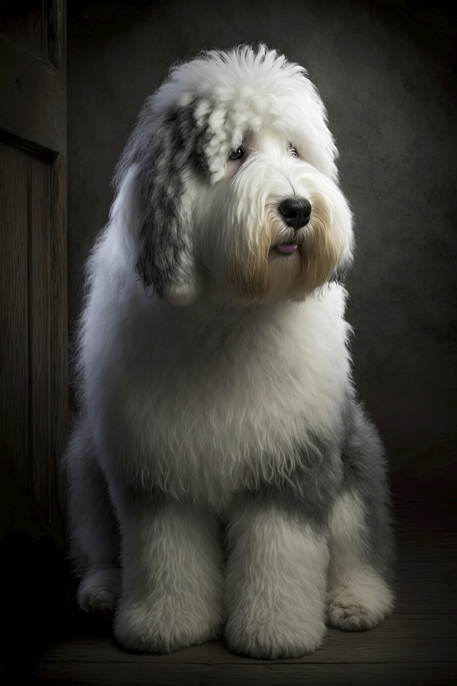 Generative AI illustration studio portrait style image of Old English Sheepdog pedigree pet dog breed