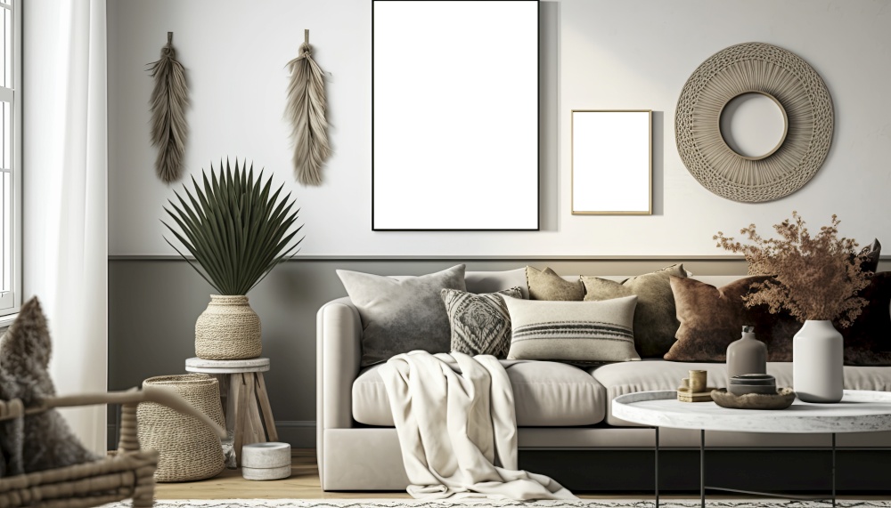 Generative AI illustration of modern casual bohemian boho living room interior with empty picture frames on walls