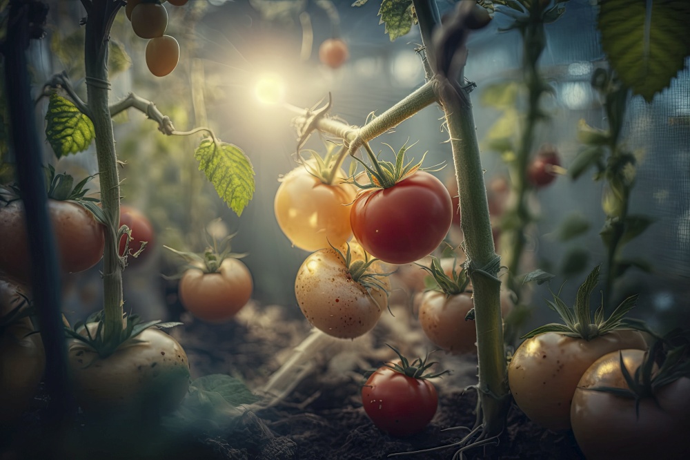 Conceptual Generative AI illustration of tomato plants gorwing inside greenhouse glasshouse