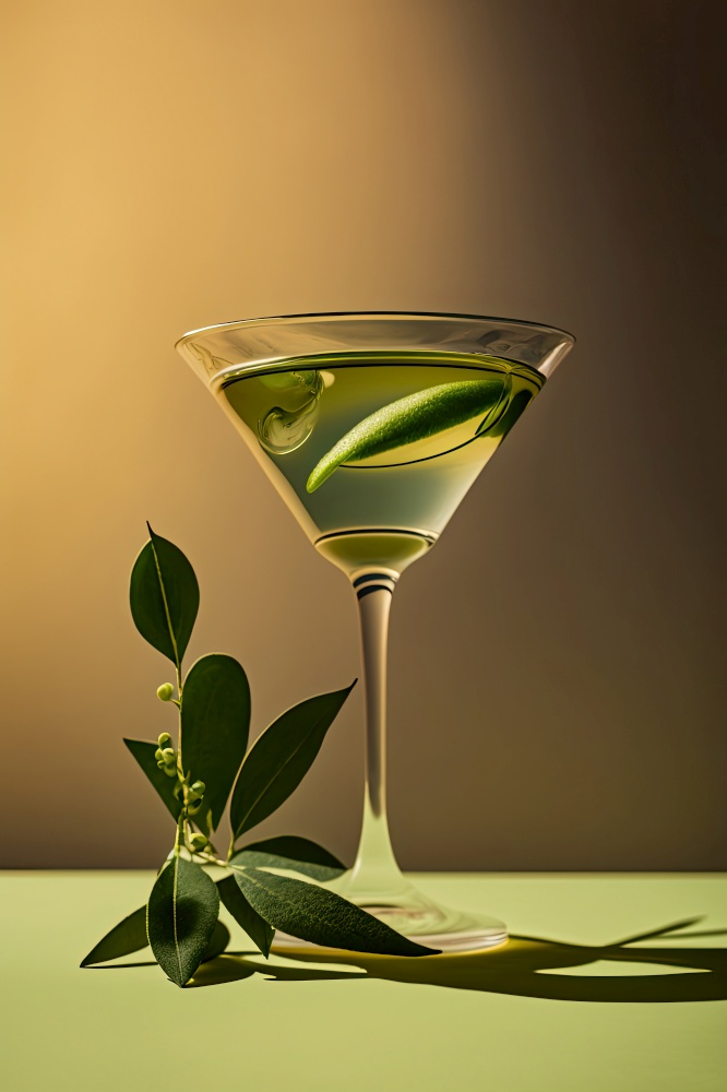 Dry Martini with Lime on Sage Green Background. Illustration Generative AI