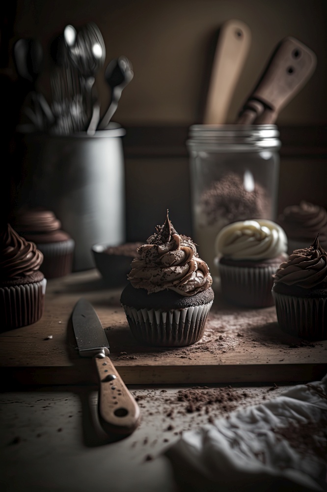 Chocolate Cupcakes in a rustic kitchen. Illustration Generative AI