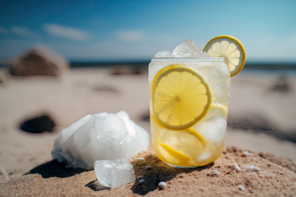 Cold drink with ice and a slice of lemon on the beach. Illustration Generative AI