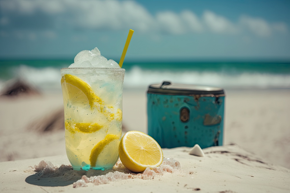 Cold drink with ice and a slice of lemon on the beach. Illustration Generative AI