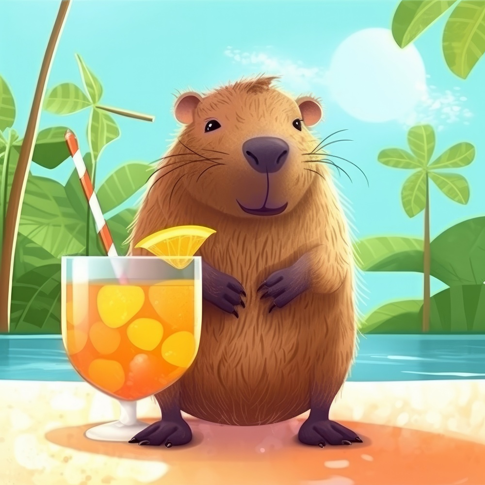 Cute capybara with summer cocktail. Illustration Generative AI