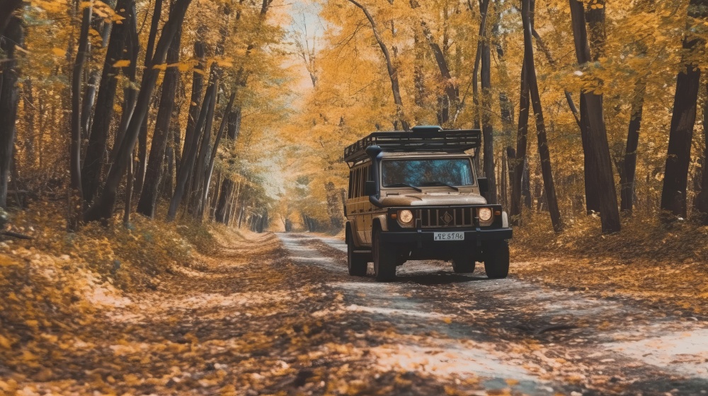 Car in autumn forest. Illustration Generative AI