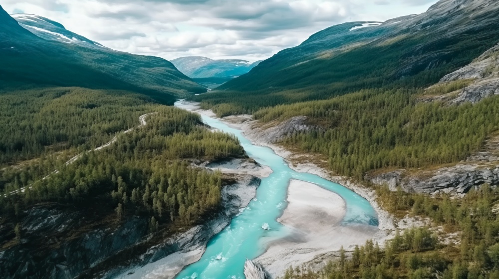 River in mountain. Illustration Generative AI