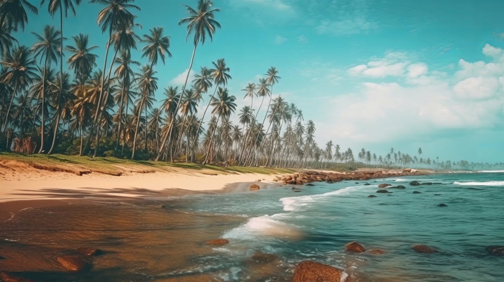 Coconut palms tropical background. Illustration Generative AI