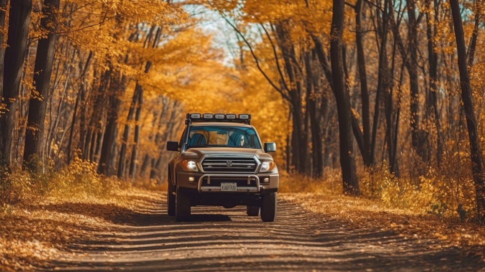 Car in autumn forest. Illustration Generative AI