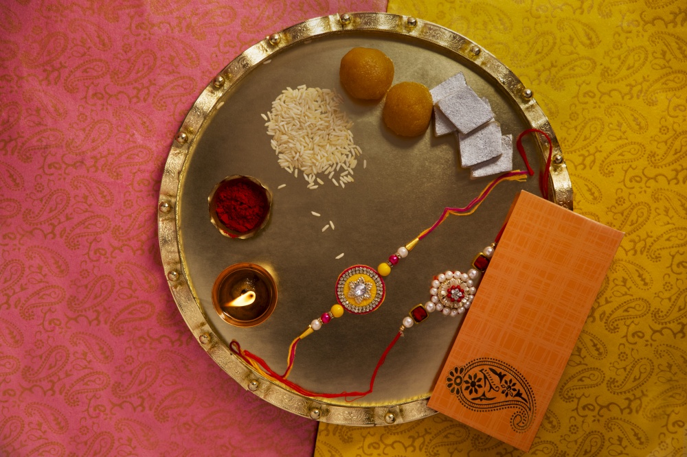 Rakhi kept in a decorative thali on the occasion of Rakshabandhan