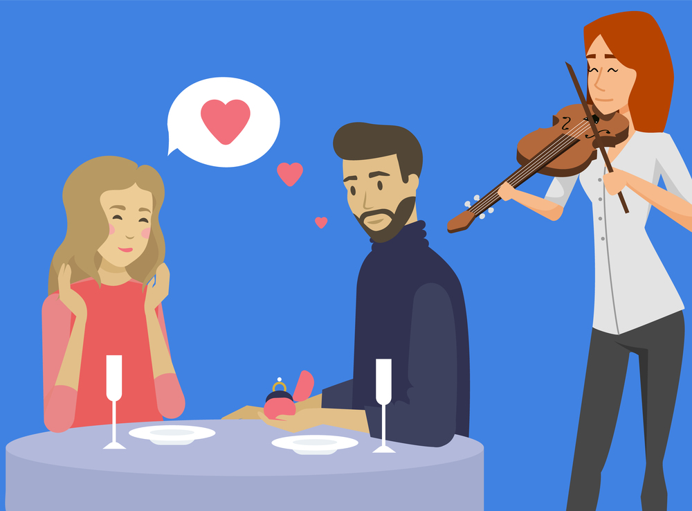 Couple relationship, romantic date. Man proposes to girlfriend in restaurant. Guy confesses his love to girl in cafe. People listen to live music violinist performance. Musician performing with violin. Man makes marriage proposal to girl in restaurant. Couple on date listens to live violinist music