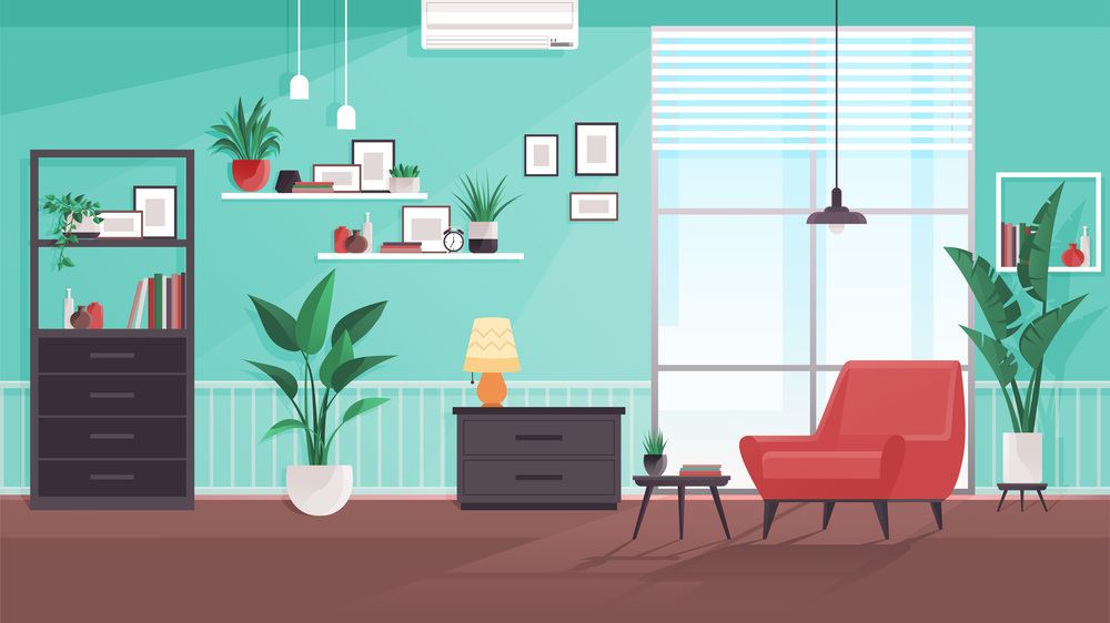 Interior design living room. Furniture in regular home with no people. Plants, chair, chest of drawers, shelf on wall and interior elements. Armchair red fabric. Hanging lamp, window on green wall. Interior design living room. Furniture in regular home with no people. Apartment or cozy office