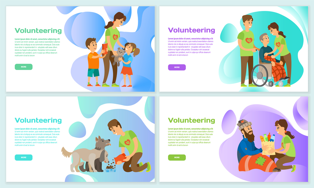 Volunteering online help people with disabilities, assistance to orphans, caring to elderly people and animals. Charity donation website landing page tamplate. People help an elderly man in wheelchair. Volunteering online, help people with disabilities, assistance to orphans, caring to elderly people