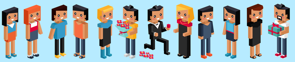 Valentine day concept. Pixel set of sweet couple on honeymoon vacation summer holidays romance. Love isometric concept. Happy Valentines Day 14 februare. Love, honesty, romantic, relationship. Red pixel heart flower with sweet couple. Love isometric concept. Valentines day