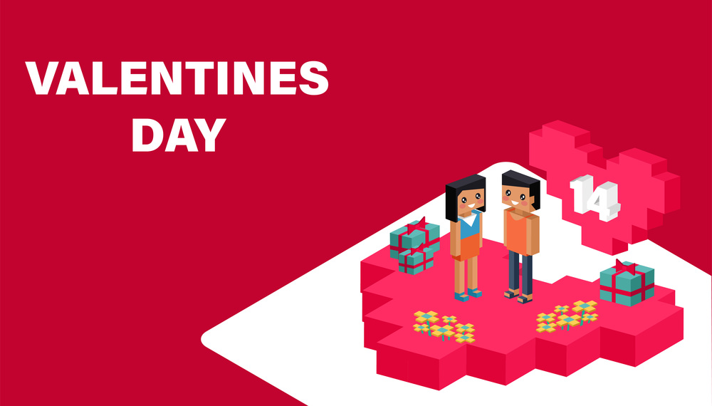 Valentine day concept. Red pixel heart flower with sweet couple on honeymoon vacation summer holidays romance. Love isometric concept. Happy Valentines Day 14. Love, honesty, romantic, relationship. Red pixel heart flower with sweet couple. Love isometric concept. Valentines day