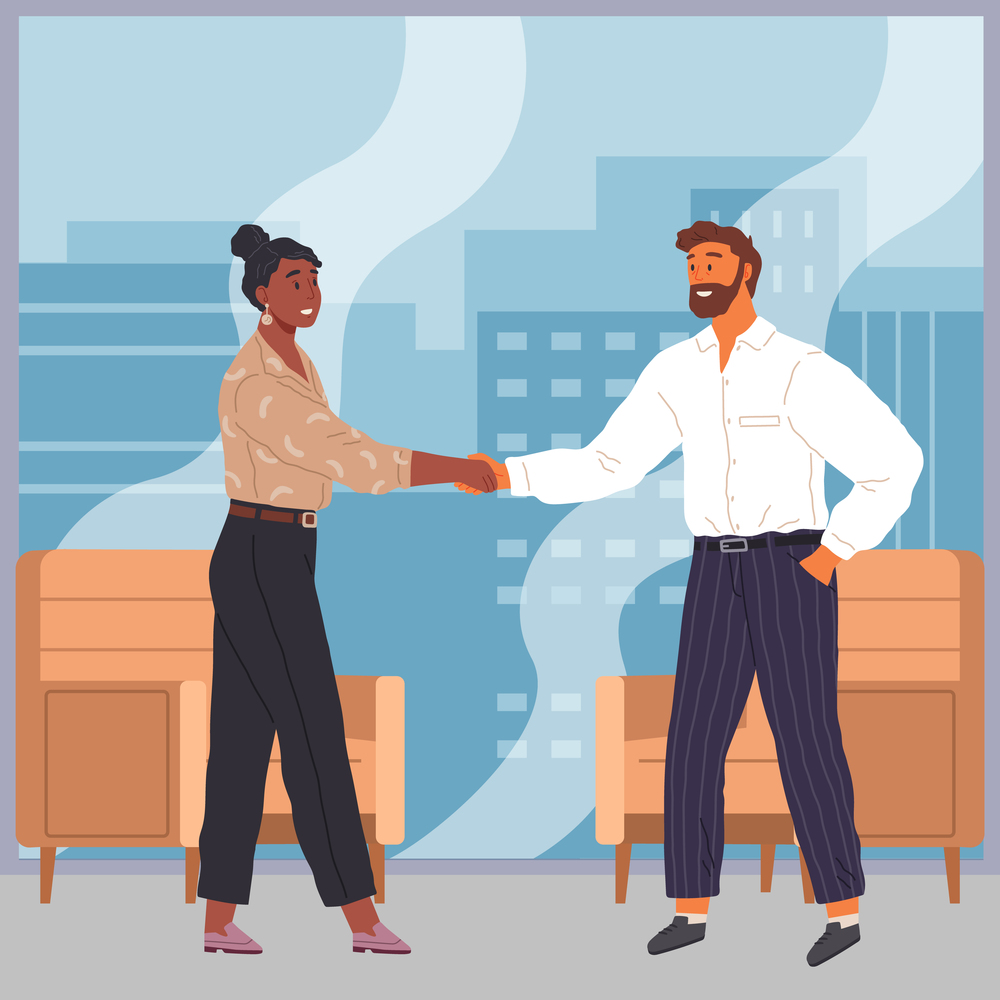 Business partnership cooperation beginning. Businessmen shaking hands after signing contract agreement closing deal. Working meeting, communication, dialogue. Handshake gesture above business partners. Business partnership cooperation beginning. Man and woman shaking hands after signing contract