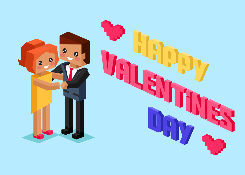 Happy Valentines Day poster in pixel art style. Love message. Pixel pink hearts and pixelated couple in love. Proposal for marriage at Valentines day. Honesty, romantic, relationship. Greeting Card. Happy Valentines Day poster in pixel art style. Love message. Pixel pink hearts and pixelated couple