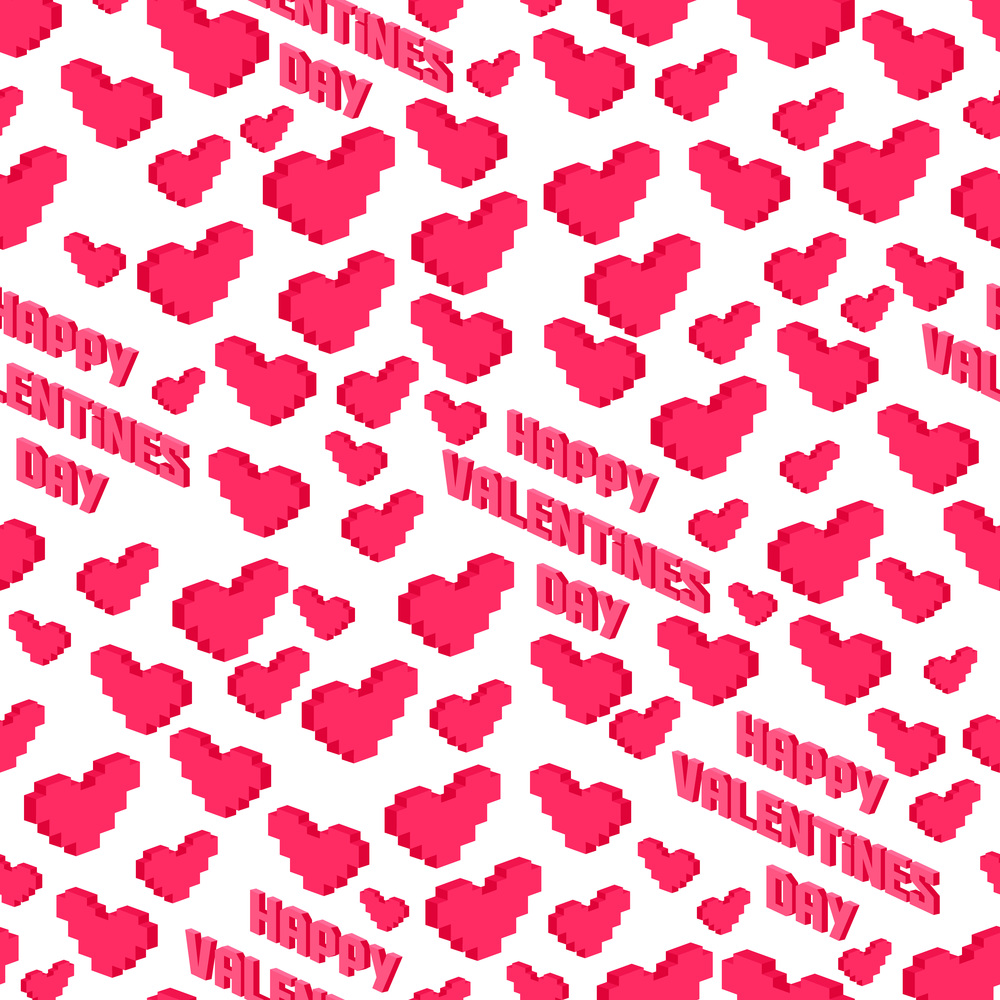 Postcard, love message or Happy Valentines Day banner pixel art with pink hearts seamless pattern. Greeting Card to lovers for holiday. Falling in Love. Modern vector art heart pixelated design. Postcard, love message or Happy Valentines Day banner pixel art with pink hearts seamless pattern