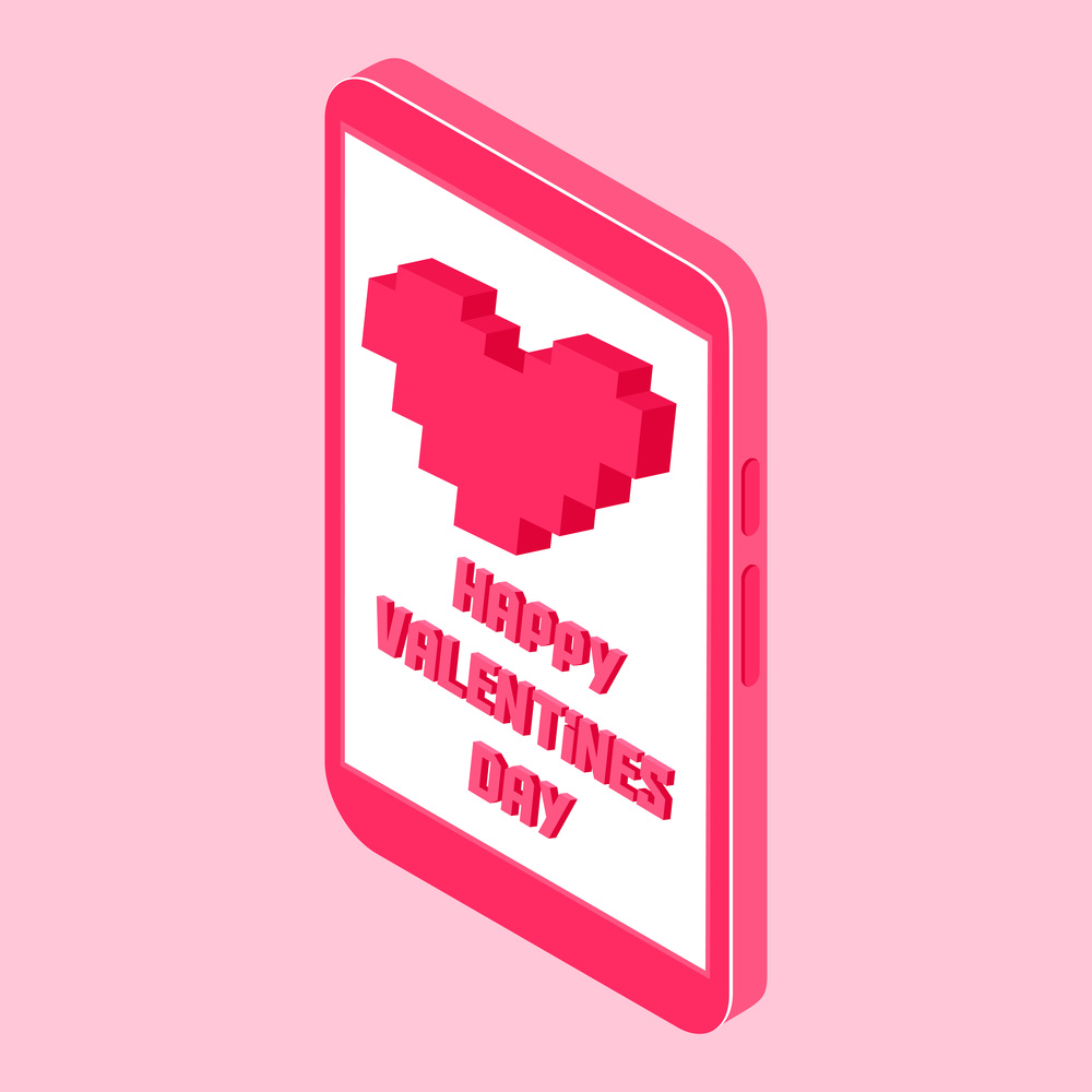 Love message or Happy Valentines Day banner pixel art with red hearts on pink background, sms on smartphone screen. Greeting Card to lovers for holiday. Falling in Love. Modern pixelated design. Love message or Happy Valentines Day pixel art with hearts on pink background on smartphone screen