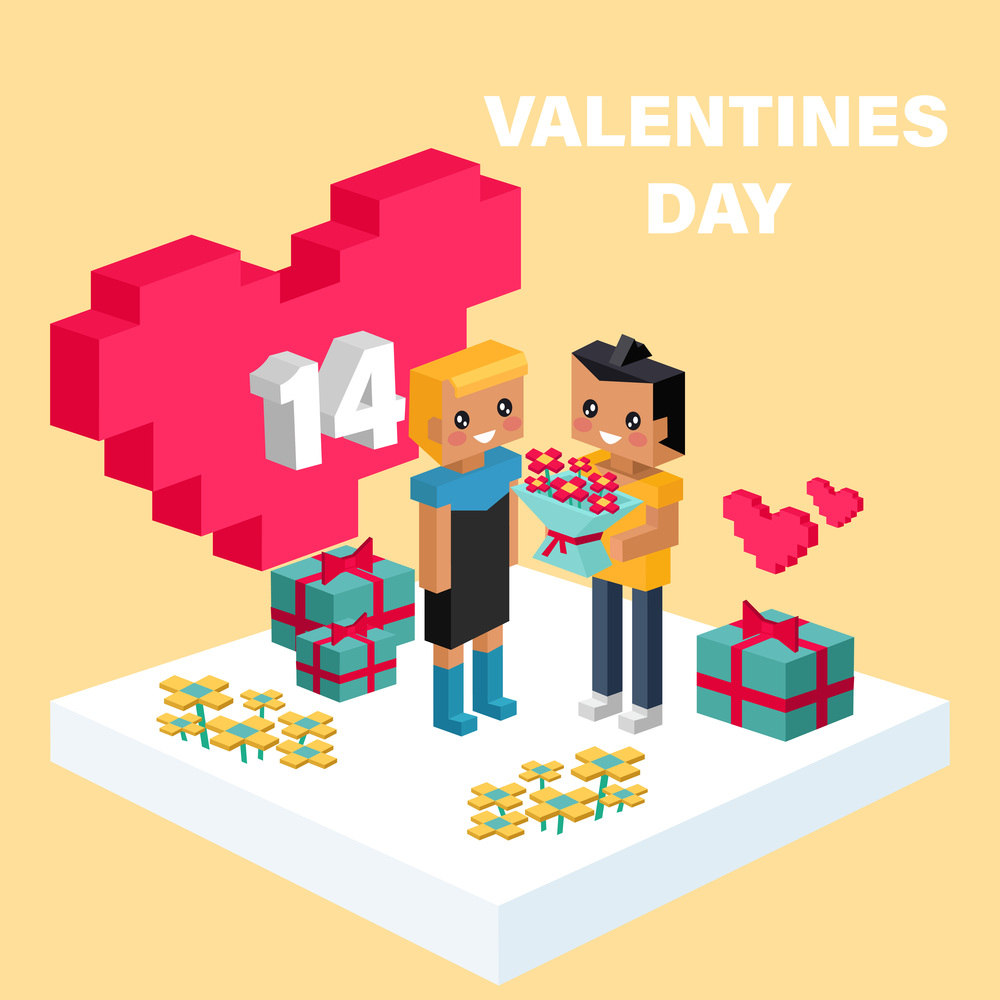 Happy Valentine day pixelated vector banner. Gifts for boyfriend and bouquet for girlfriend wife and husband. Love isometric concept wallpaper, card. 14 february. Love, honesty, romantic, relationship. Happy Valentine day pixelated vector banner. 14 february. Love, honesty, romantic, relationship