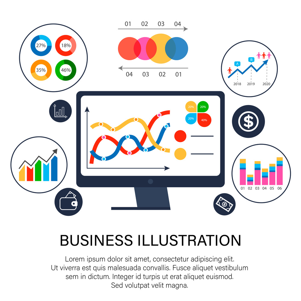 Online marketing, financial report chart, data analysis, and web development concept. Laptop with data chart company profile, with info graphic elements graph design concept, business illustration. Online marketing, financial report chart, data analysis. Laptop with data chart, company profile