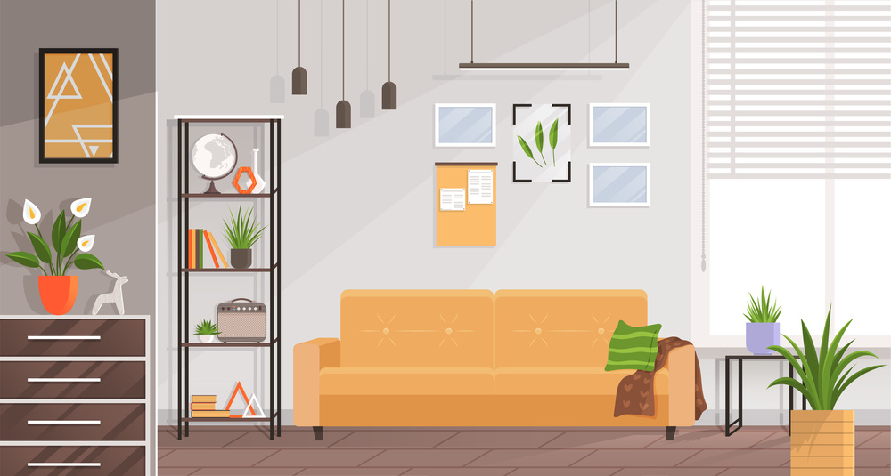 Interior design living room. Furniture in regular home with no people. Green houseplants in pots and pictures in frames on wall shelf, sofa, chest of drawers, interior elements of room. Interior design living room. Furniture in regular home with no people. Apartment or cozy office