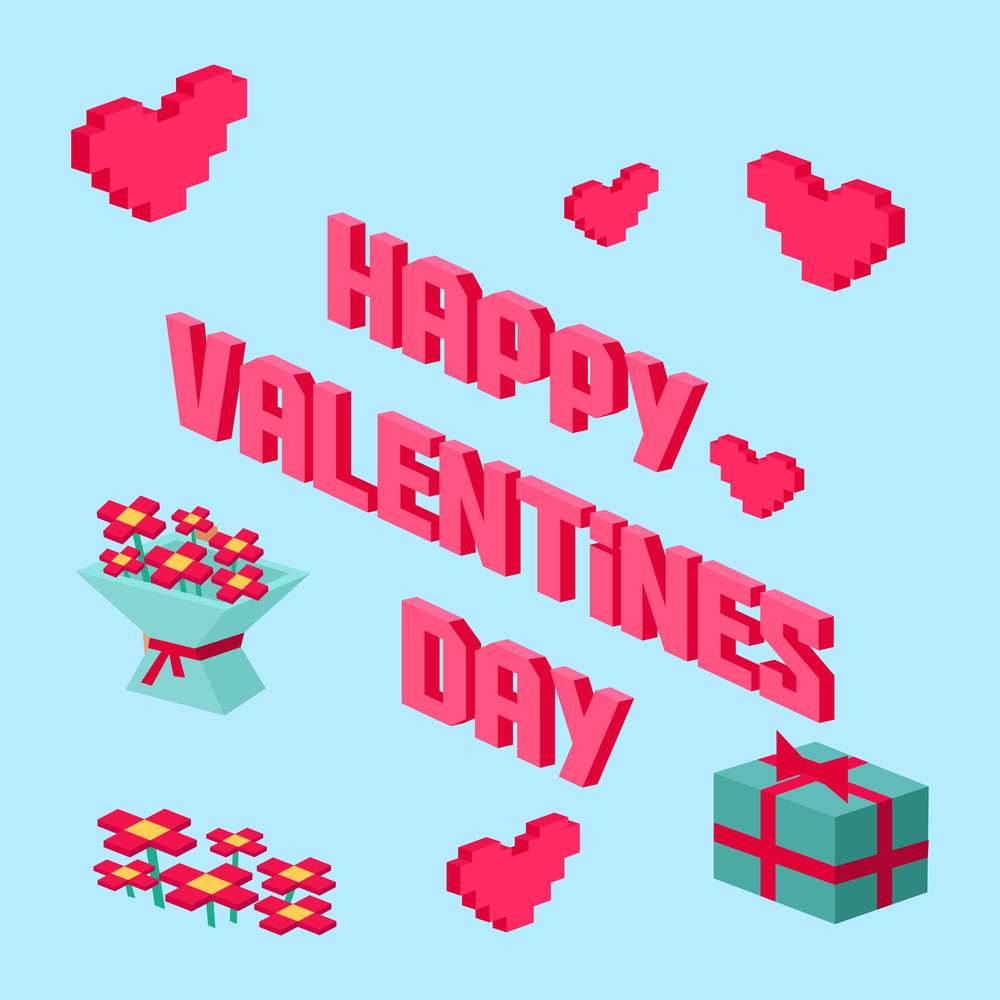Happy Valentine day pixelated vector banner. Gifts for boyfriend and bouquet for girlfriend wife and husband. Love isometric concept wallpaper, card. 14 february. Love, honesty, romantic, relationship. Happy Valentine day pixelated vector banner. 14 february. Love, honesty, romantic, relationship