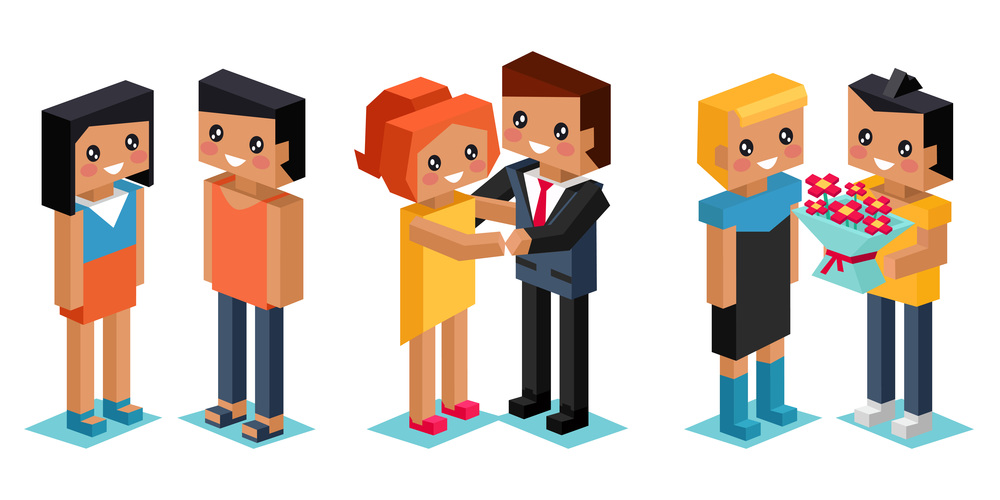 Pixel art couple in love staying together, vector illustration isolated pixelated people, man and woman lovers. Young loving romantic couple in relationship, romance, happy husband and wife set. Pixel art couple in love staying together, vector illustration isolated people man and woman
