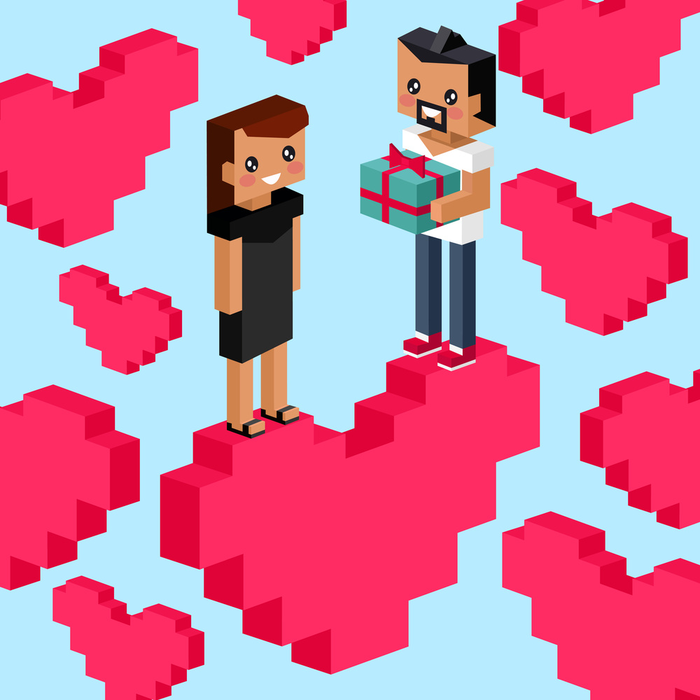 Happy Valentines Day poster in pixel art style. Love message. Pixel pink hearts and pixelated couple in love. Proposal for marriage at Valentines day. Honesty, romantic, relationship. Greeting Card. Happy Valentines Day poster in pixel art style. Love message. Pixel pink hearts and pixelated couple