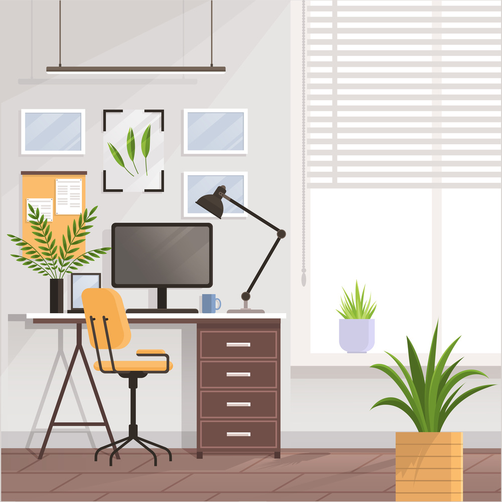 Workspace. Online or home job workplace. Work place room, modern interior, cabinet. Work at home. Office with computer and various decorative items books and plants. Desktop computer monitor. Workspace. Online or home job workplace. Empty room, modern interior, cabinet. Work at home
