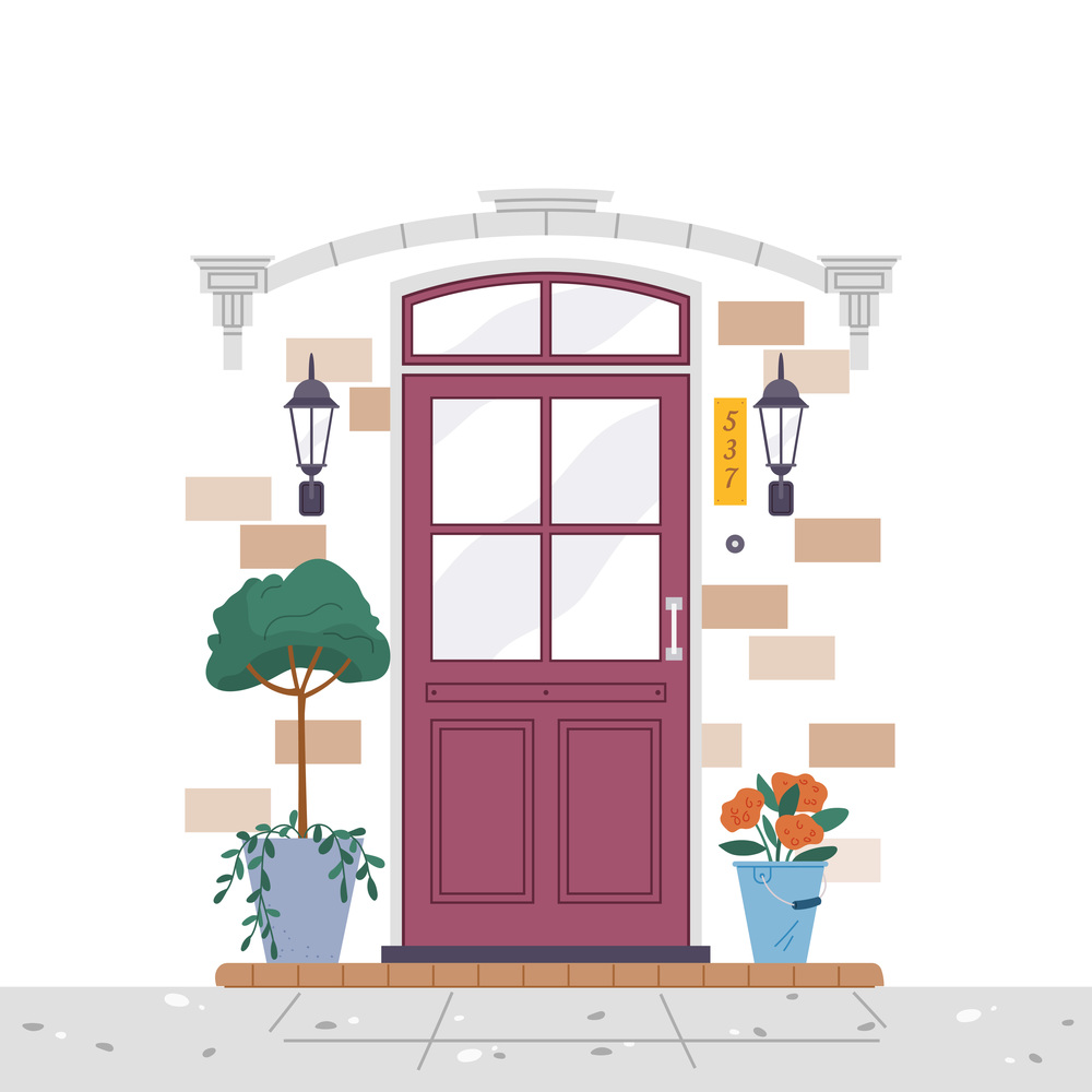 Facade door house exterior entrance. Front view from street. Closed home entry exterior with potted flower plants, lamp, number plate. Doorway facade. Entries to apartments with green decoration. Facade door house exterior. front view from street. Closed home entrance exterior with potted plants