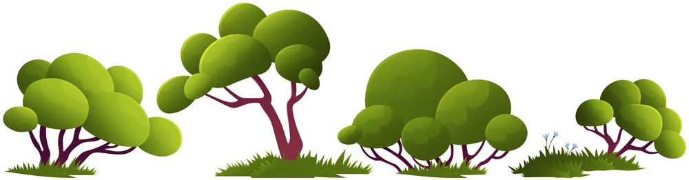 Green trees flat vector illustration. Beautiful green leaves, bushes, grass on glade. Spring time trees. Natural forest plant. Ecology garden template. Scene with many trees isolated on white. Green trees flat vector forest. Beautiful green leaves, bushes, grass on glade. Spring time trees