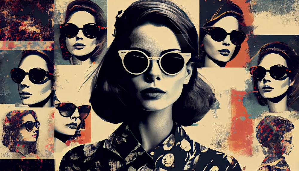 girls in sixties retro design, photo and graphics, black and white, colorful, fictional character, AI based. girls in sixties retro design, photo and graphics