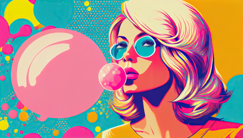sixties blonde girl witth bubbles retro concept, colorful graphics, sunglasses. sixties girl witth bubbles retro concept