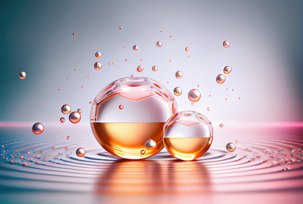Transparent bubbles over liquid ripples, moleculas, science cosmetic, 3D Collagen serum and vitamin hyaluronic acid skin care solutions with cosmetic advertising background.. Science cosmetic, 3D Collagen serum and vitamin