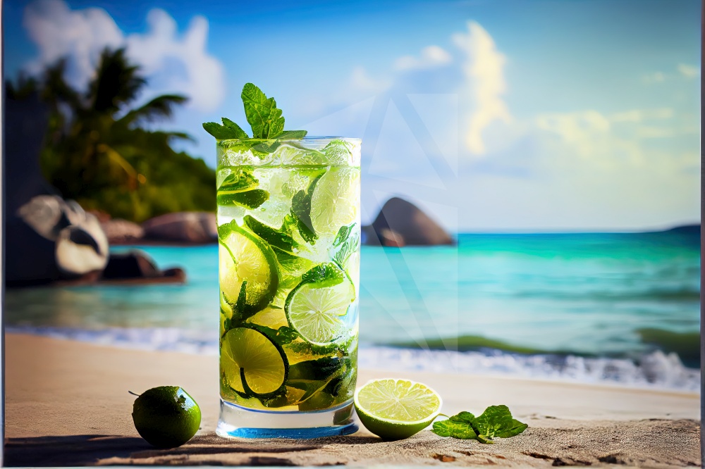 Mojito traditional coctail in glass, summer beach or sea coast in background, created using of AI tool. Mojito on beach