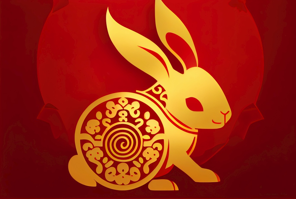 Chinese New Year of Rabbit, golden rabbit with red patterns, symbol of New 2023 Year. Chinese New Year of Rabbit
