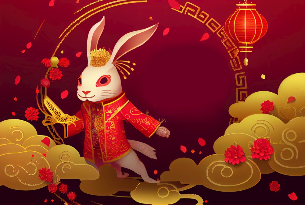 Chinese New Year of Rabbit, golden rabbit with red patterns, symbol of New 2023 Year. Chinese New Year of Rabbit