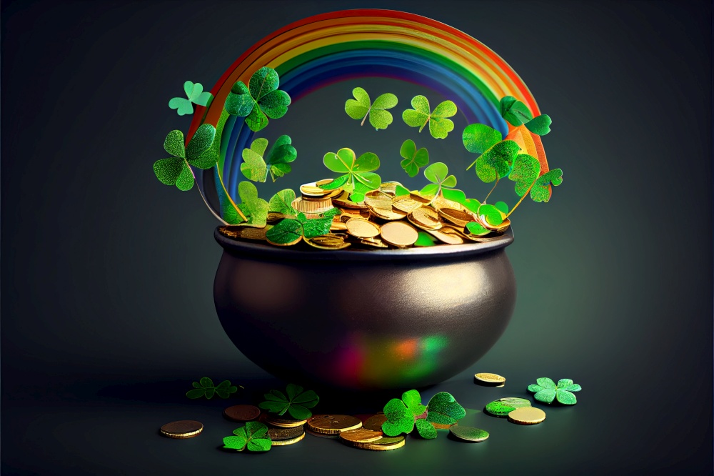 St Patricks Day background, pot with gold and rainbow. St Patricks Day