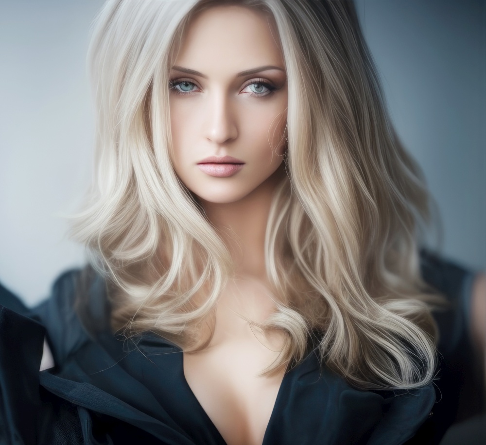 Trendy woman with long blond hair and a moody expression on her face, wearing a black low cut suit. The woman&rsquo;s attire exudes sophistication and confidence, with the deep neckline adding a touch of sultriness to the overall look. Her long blond hair flows gracefully down her back, adding to the stylishness of the overall image. The moody expression on her face suggests a sense of introspection, adding depth and complexity to the photo. The lighting and shadows play with the woman&rsquo;s features, creating an overall moody and captivating atmosphere. The image is perfect for projects that require a trendy and stylish touch. AI generative illustration