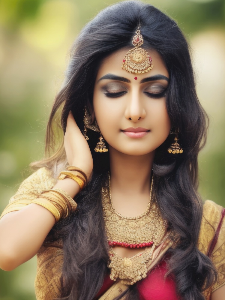 striking Indian model in this photograph exudes grace, beauty, and confidence. Her long, dark hair cascades down her back in elegant waves, framing her face and accentuating her sharp features. Her closed eyes are adorned with dark, smoky makeup, which adds depth and mystery to her look. The red and gold dress she wears is both elegant and alluring, with intricate embroidery and stunning detail. Golden accessories, including dangling earrings and a delicate headpiece, further complement her traditional attire and enhance her radiant glow. The image perfectly captures the model&rsquo;s stunning features, and would be a captivating addition to any design project. AI generative illustration