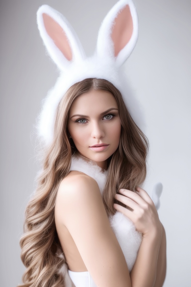 Beautiful young woman with long, silky brown hair, wearing furry bunny ears in the spirit of Easter. The woman&rsquo;s bright, sparkling eyes gaze confidently into the camera, and her lips are curved into a gentle smile. Her bunny ears are large and fluffy, with soft pink interiors that perfectly complement her feminine features. The woman&rsquo;s long hair cascades down her shoulders in soft waves, giving her an ethereal and dreamy quality. The photo captures the joyful and playful spirit of Easter, inviting the viewer to join in the festivities and embrace the beauty and magic of the season. AI generative illustration
