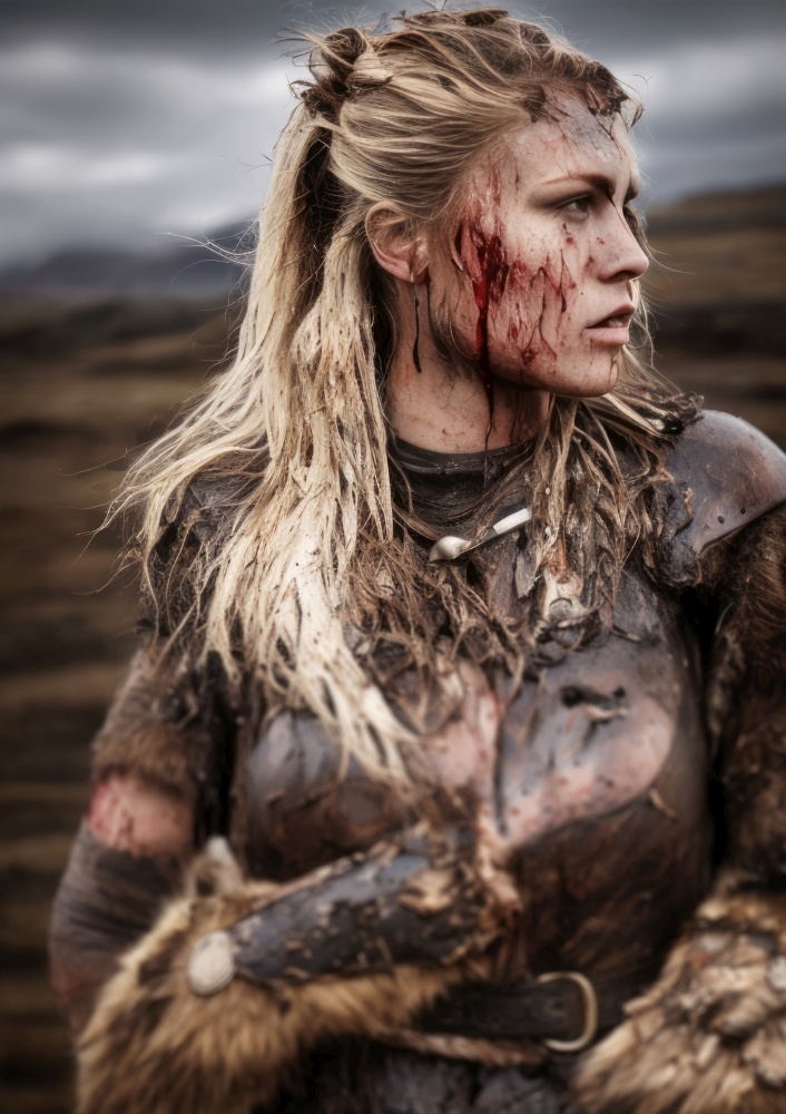 Beautiful blonde viking warrior stands tall and proud with a fierce look in her eyes. Her face is smeared with blood, a testament to the battles she has fought and won. Her long hair, once clean and golden, is now matted and tangled, giving her a wild and untamed appearance. Her skin is adorned with armor made of fur and leather, shielding her from the dangers of battle. Despite the dirt and grime that covers her, she remains a picture of strength and beauty. With her sword in hand, she is ready to face any challenge that may come her way, never backing down from a fight. This viking warrior is a true embodiment of the strength and bravery that was synonymous with the viking people. AI generative illustration
