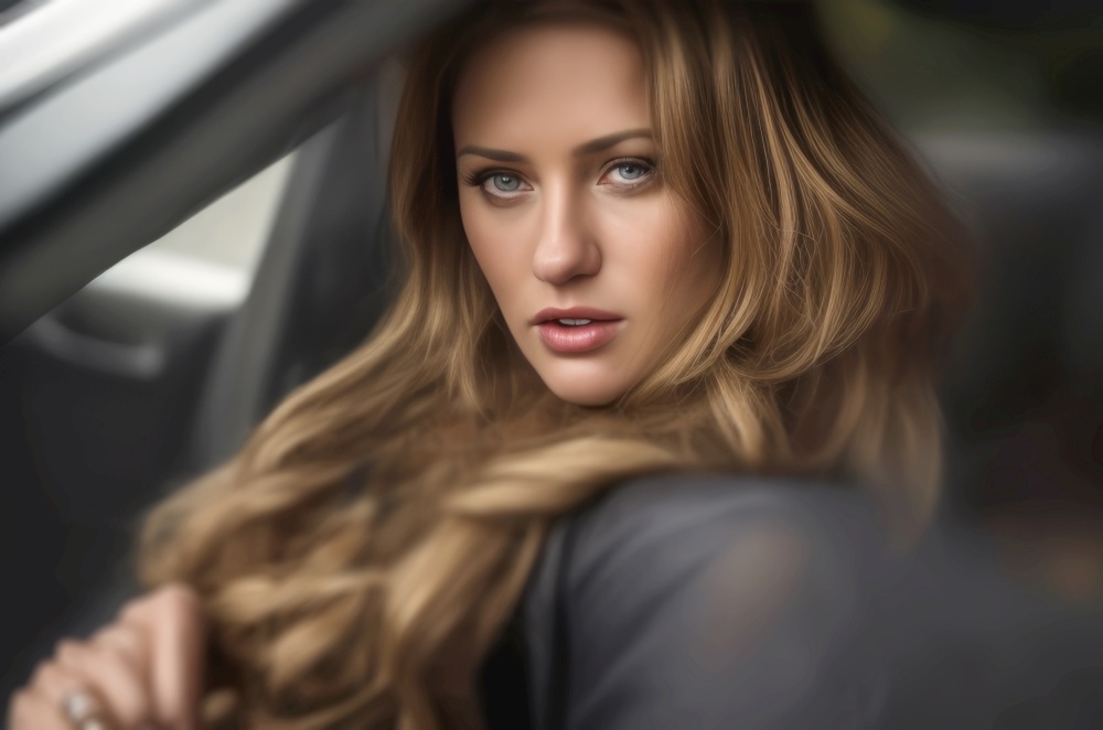 Beautiful young girl who has just obtained her driving license. She is sitting in the driver&rsquo;s seat of a car, her long fashion hair cascading down her shoulders. The car window is rolled down and she is looking out with a happy and confident expression on her face. The natural lighting creates a soft glow on her skin, emphasizing her youthful beauty. The image portrays a sense of freedom and independence, as if the girl is ready to embark on a new journey. The photo is perfect for use in marketing campaigns promoting cars, car insurance or anything related to young, confident and independent women. AI generative illustration