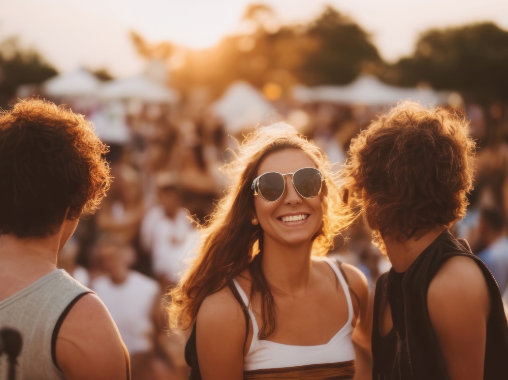 Beautiful moment of a girl enjoying an outdoor summer concert. The golden rays of the setting sun illuminate her long hair, giving it a radiant glow. She is wearing a stylish pair of sunglasses that complement her outfit, adding to the overall cool and chic vibe of the scene. The warm colors of the sunset create a beautiful backdrop for the concert stage and add a sense of intimacy to the moment. The girl&rsquo;s relaxed posture and serene expression suggest that she is fully immersed in the music and enjoying the experience. The photo is a perfect representation of the carefree and joyful spirit of summer concerts. AI generative illustration