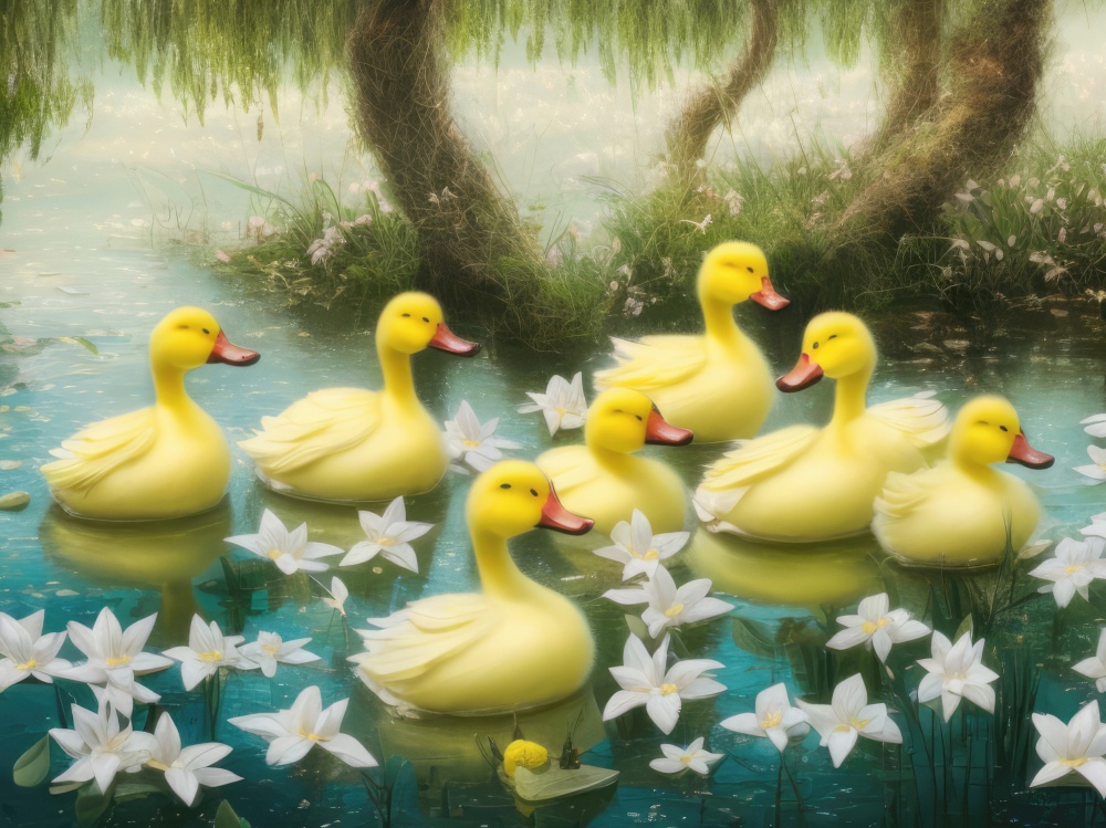 seven little yellow ducklings are paddling energetically in a serene lake surrounded by white lilies. The sun is shining down, reflecting off the water and lighting up the scene. The ducklings seem to be enjoying their time in the water, diving and splashing playfully. The lilies are in full bloom, adding a touch of beauty and calmness to the already peaceful environment. The lush green foliage surrounding the lake provides a perfect backdrop for the lively ducklings and serene lilies. It&rsquo;s a perfect spring day, and the ducklings and lilies are making the most of it. AI generative illustration