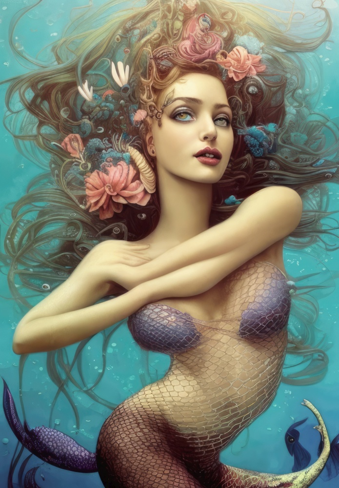 A stunning mermaid is captured in this stock photo, surrounded by a mesmerizing underwater world. Her flowing hair is adorned with delicate flowers, adding to her alluring beauty. She wears a fishnet dress that hugs her curves, exuding a sensual and captivating aura. The mermaid&rsquo;s gaze is enigmatic, inviting the viewer into her mysterious world. The vibrant colors and intricate details of the flowers and underwater environment make this photo a breathtaking masterpiece. It&rsquo;s perfect for any project that wants to evoke a sense of sensuality, mystery, and enchantment. AI generative illustration