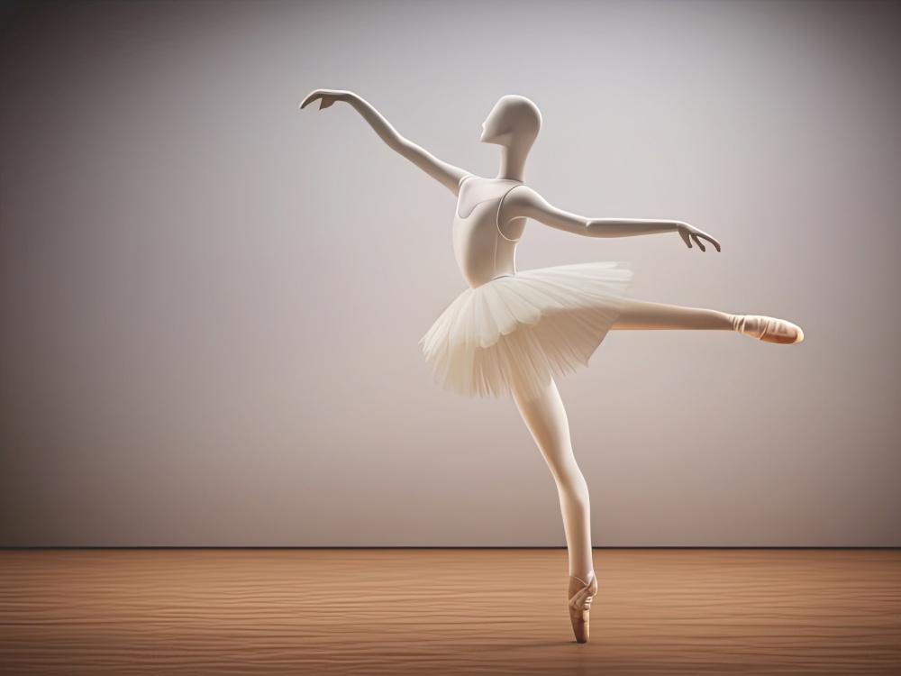 A mannequin doll is posed as a graceful ballet dancer, dressed in a crisp white tricot and delicate tulle skirt. The doll&rsquo;s arms are elegantly extended overhead, showcasing her fluid and expressive movements. Her sculpted features and lifelike complexion are heightened by her classic ballet attire, completing the illusion of a real ballerina frozen in time. The intricate detailing of the tricot bodice and tulle tutu add a touch of glamour to this timeless display piece, making it a beautiful addition to any dance studio, costume shop or fashion lover&rsquo;s collection. AI generative illustration
