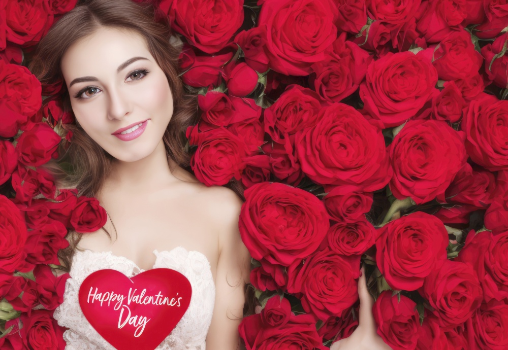 beautiful brunette girl lying among a bed of red roses. The young woman is relaxed and content, with a gentle smile on her face and her hair cascading around her. The deep red roses create a lush and passionate background, while the "Happy Valentine&rsquo;s Day" sign adds a touch of festive charm. This photo is perfect for a variety of uses, including Valentine&rsquo;s Day-themed marketing materials, love-themed advertisements, and romantic greetings. If you&rsquo;re looking to capture the essence of love and romance, this photo is an excellent choice. The sensual and dreamy atmosphere, combined with the stunning beauty of the young woman, makes it a perfect representation of Valentine&rsquo;s Day. AI generative illustration
