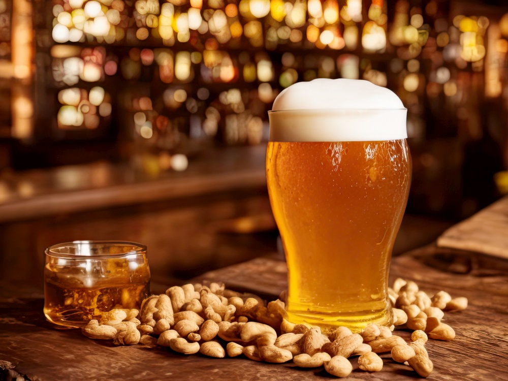 Large beer, frothy and chilled, sitting on a bar desk surrounded by a pile of peanuts. The beer is poured into a glass mug, its golden hue and crisp white head hinting at its crisp and refreshing taste. The peanuts scattered around the mug provide a salty and crunchy accompaniment, making this a perfect snack for those looking to unwind after a long day. The bar desk provides a sturdy base for the beer and peanuts, as well as an evocative backdrop of a classic drinking establishment. Whether you&rsquo;re grabbing a drink after work or catching up with friends, this image captures the spirit of casual, social enjoyment. The large beer and peanuts make for a classic combination that&rsquo;s hard to resist.. AI generative illustration